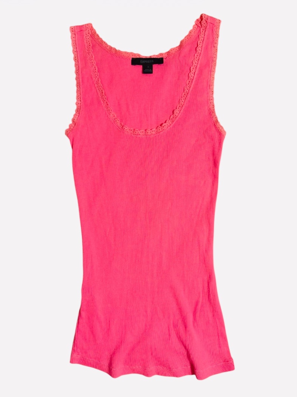 Express VTG Pink Pima Cotton Coquette Ribbed Lace Trim Cami Top Tank